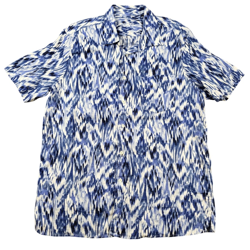 Tasso Elba Mens XL Blue White Ikat 100% Linen Short Sleeve‎ Button Up Shirt 5521